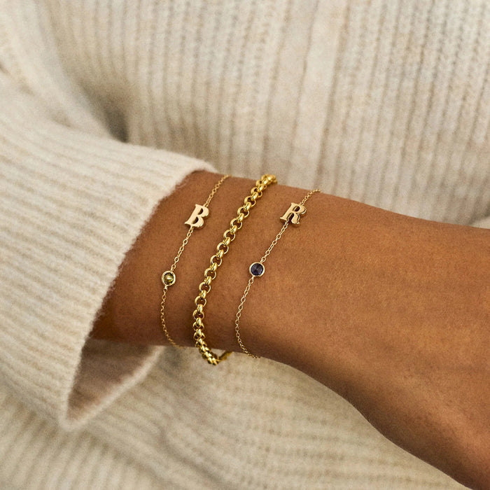 14K Gold Initial Birthstone Custom Bracelet - Peridot