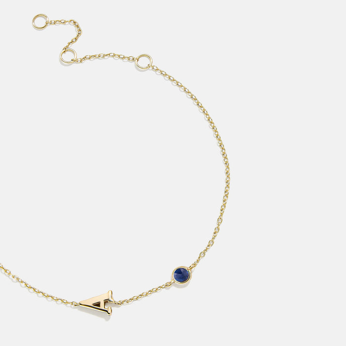 14K Gold Initial Birthstone Custom Bracelet - Sapphire