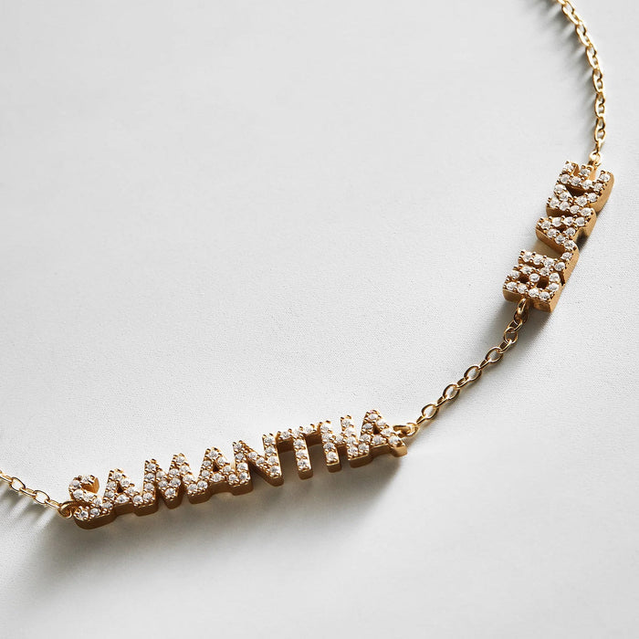 14K Gold/Pavé Custom Block Multi Name Bracelet - 2 Names