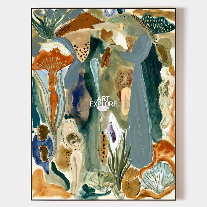 Abstract Botanical Canvas Painting In Green And Blue Hand-Painted Wall Art