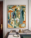 Abstract Botanical Canvas Painting In Green And Blue Hand-Painted Wall Art