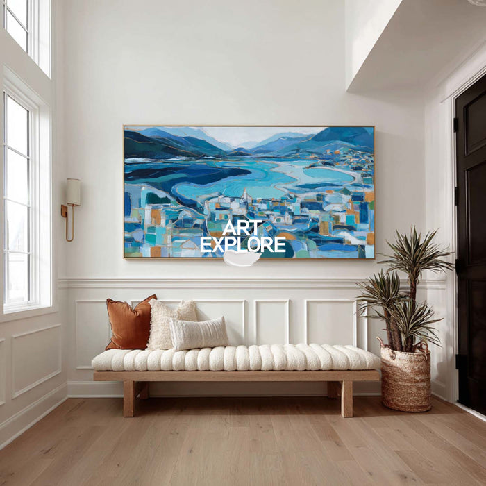 Abstract Coastal Seascape Painting With Gold Accents For Modern Living Room Decor