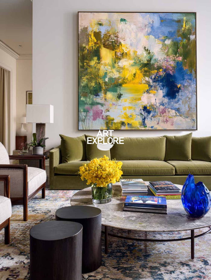 Vibrant Yellow And Blue Abstract Art Original Oil Painting On Linen Canvas For Modern Living Room Decor