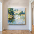 Serene Country River Art Print In Square Format With Soft Blue And Green Tones For Bedroom Wall