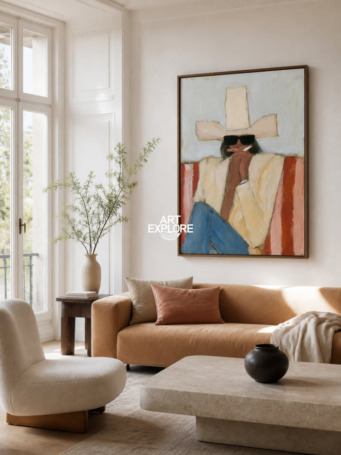 Abstract Cowboy Painting Yellow Blue Tones Modern Wall Art For Living Room Decor
