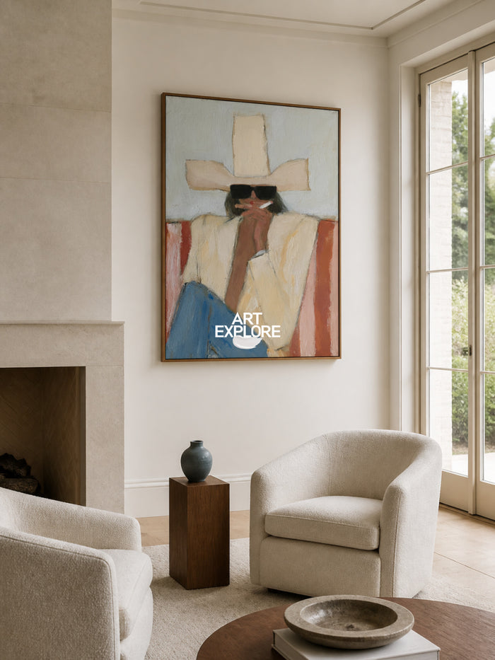 Abstract Cowboy Painting Yellow Blue Tones Modern Wall Art For Living Room Decor