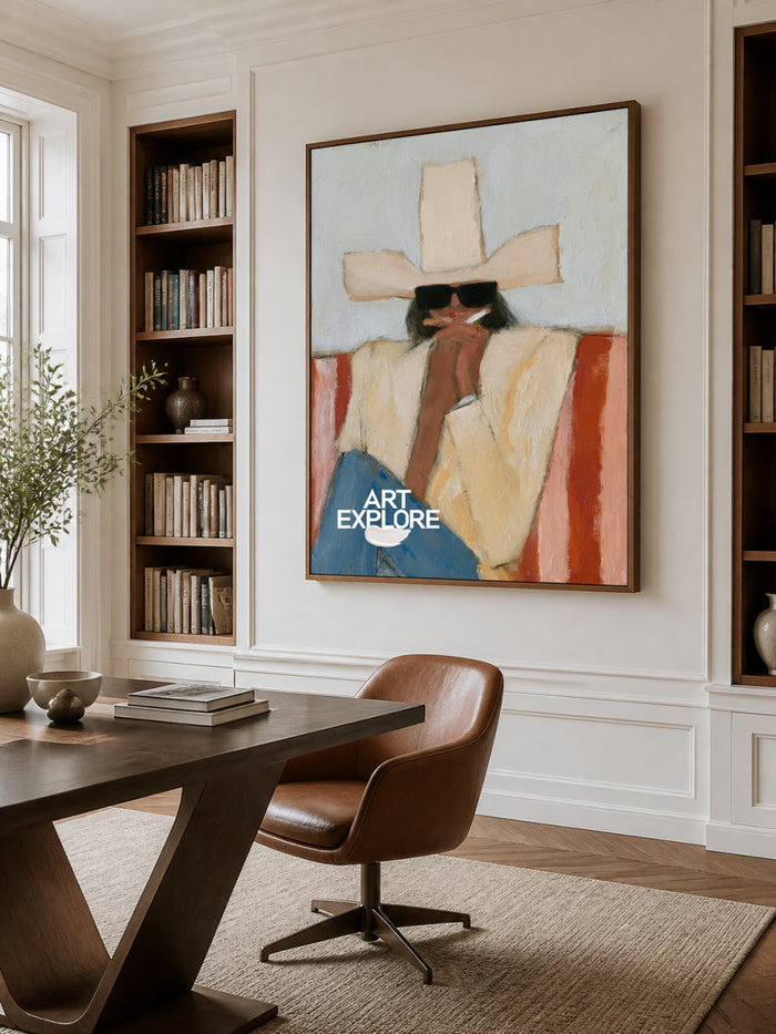 Abstract Cowboy Painting Yellow Blue Tones Modern Wall Art For Living Room Decor