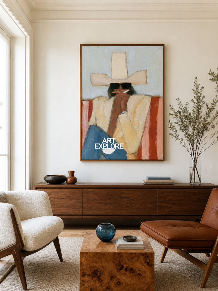 Abstract Cowboy Painting Yellow Blue Tones Modern Wall Art For Living Room Decor