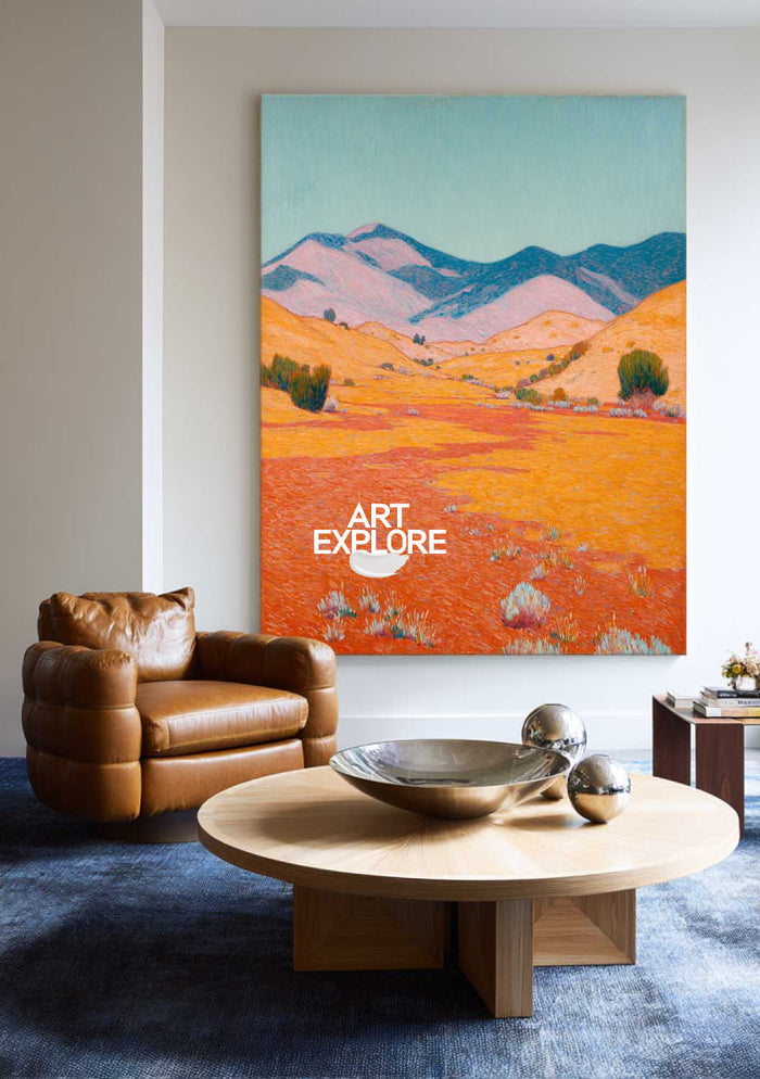 Abstract Desert Landscape Painting With Textured Orange And Blue Hues For Modern Home Decor
