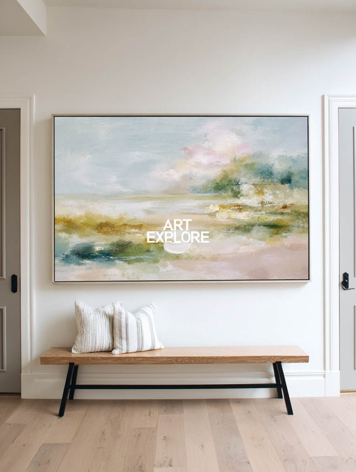 Abstract Coastal Landscape Painting With Textured Brushwork For Modern Home Decor