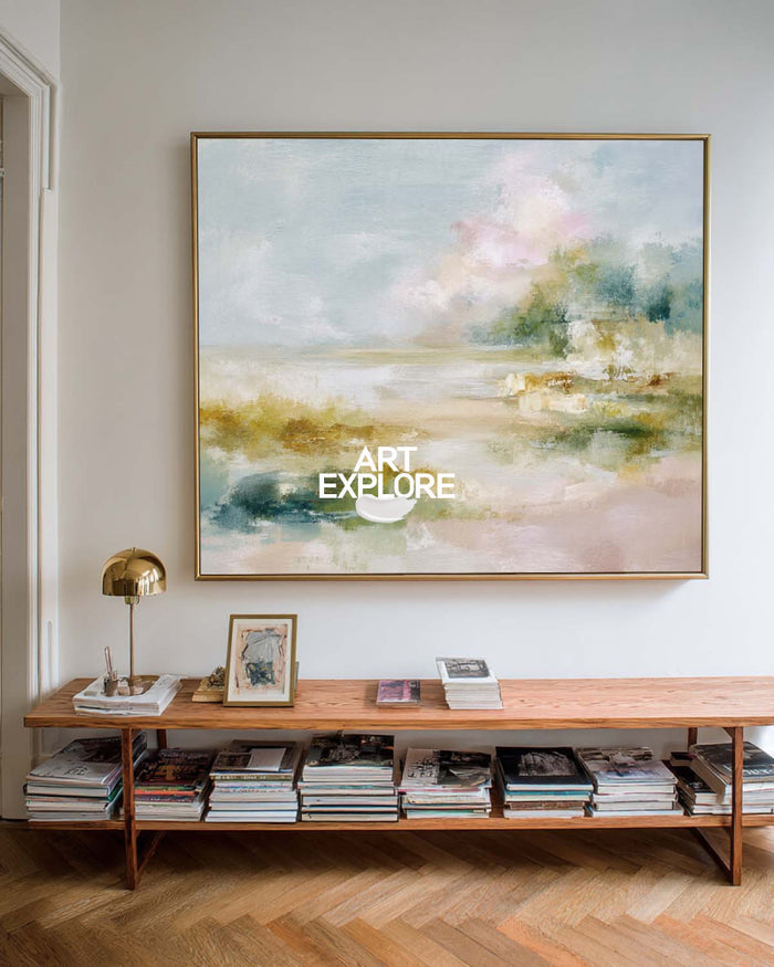 Abstract Coastal Landscape Painting With Textured Brushwork For Modern Home Decor