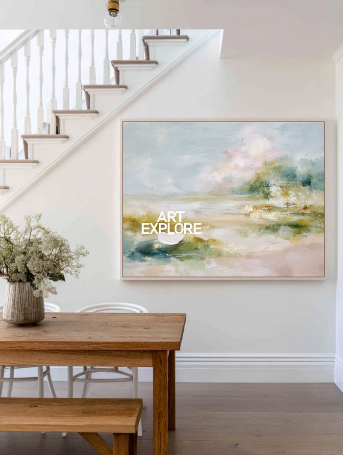 Abstract Coastal Landscape Painting With Textured Brushwork For Modern Home Decor
