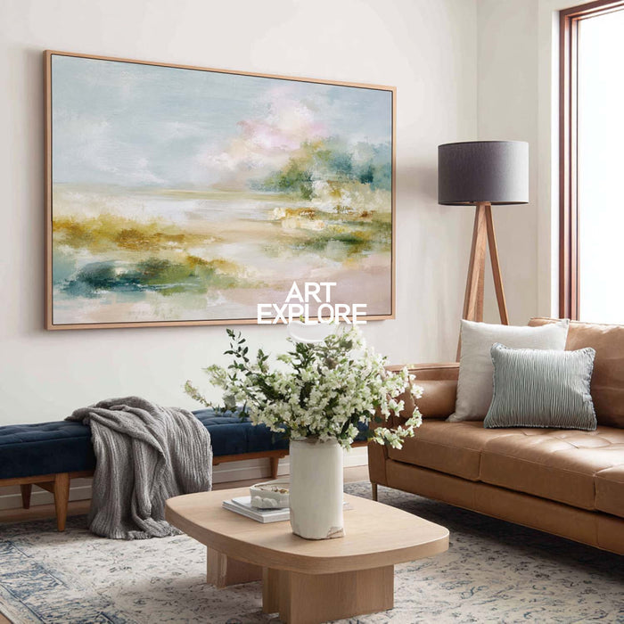 Abstract Coastal Landscape Painting With Textured Brushwork For Modern Home Decor