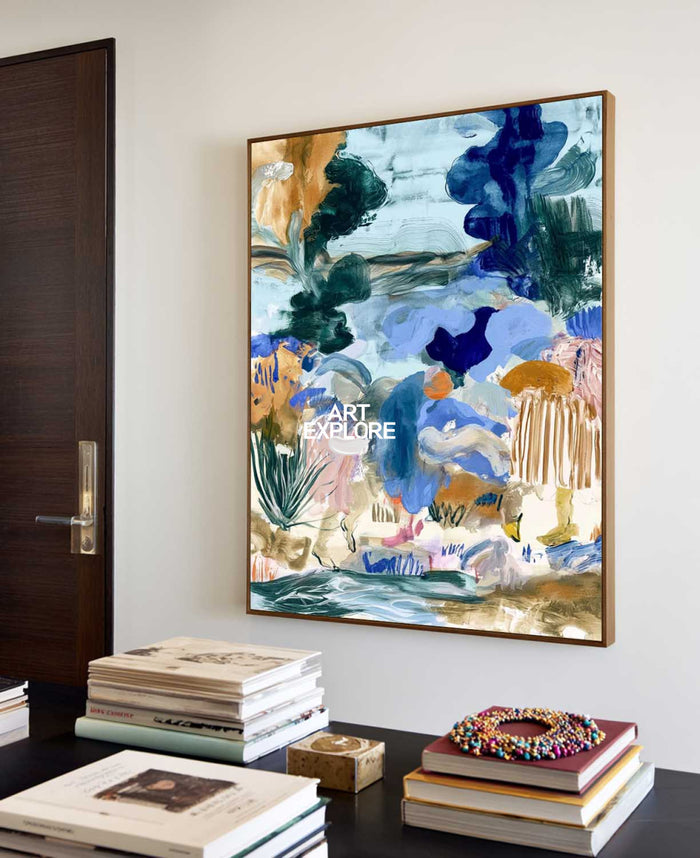 Blue And Green Abstract Canvas Painting Hand-Painted Wall Art With Earthy Tones