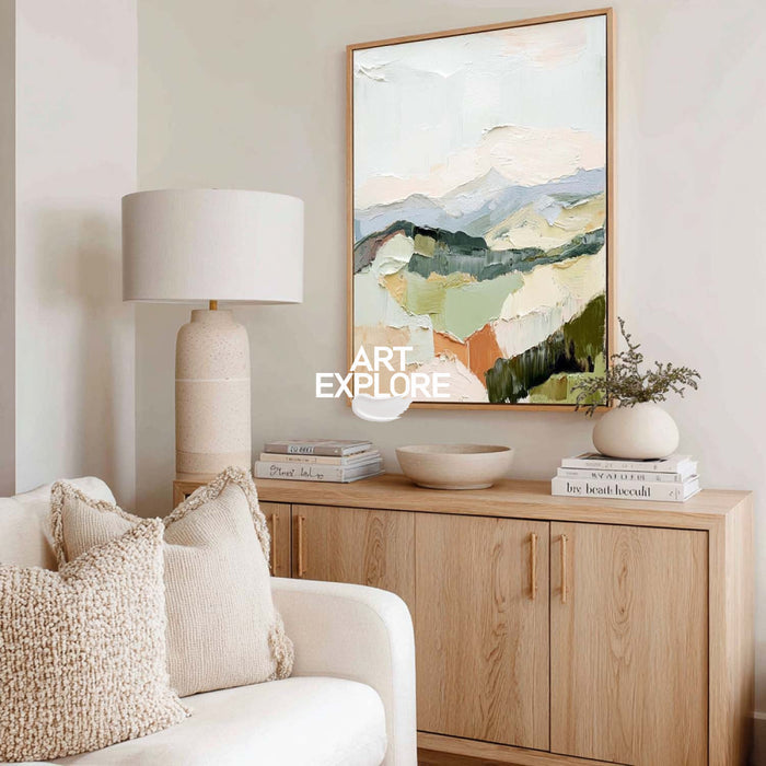 Modern Abstract Landscape Painting With Textured Hills For Living Room Decor