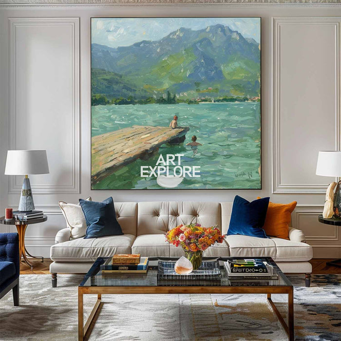 Modern Blue Lake Paintings Childhood Good Old Days Acrylic Painting Canvas Art For Livingroom