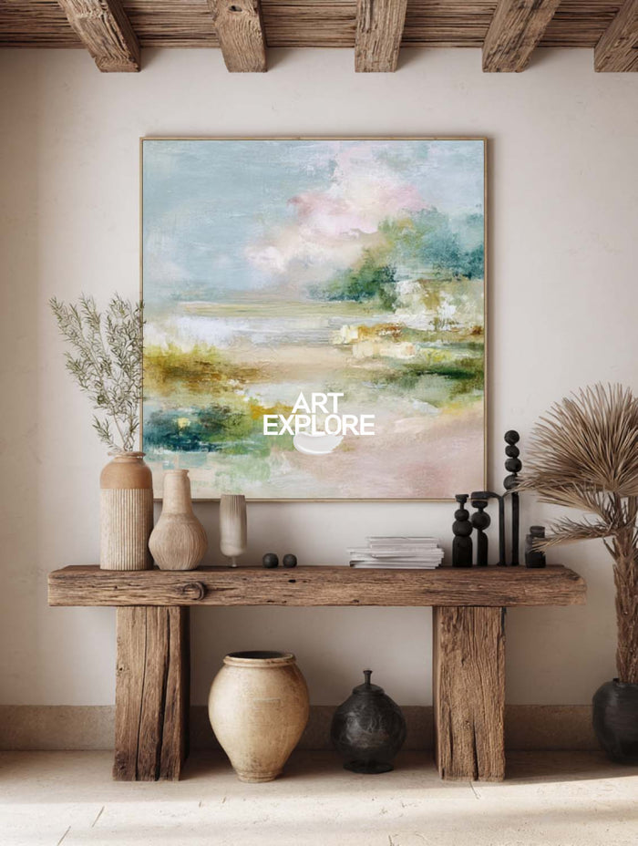 Abstract Estuary Landscape Painting With Soft Blues And Greens For Modern Home Decor