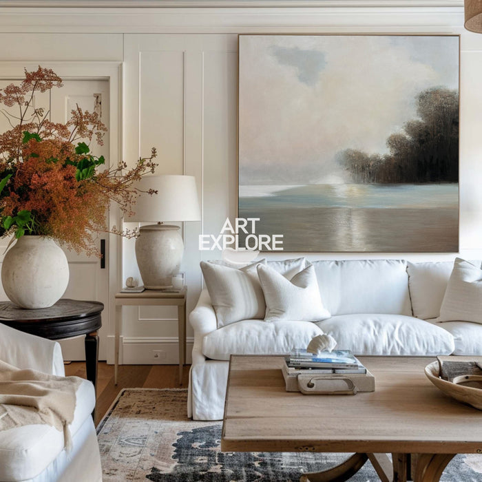 Lake View Painting Landscape Art Beige Landscape Canvas Art Lake Painting For Livingroom