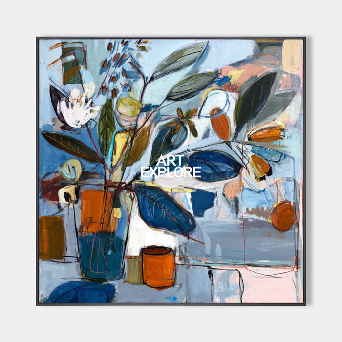 Large Abstract Floral Painting Modern Teal & Orange Botanical Art