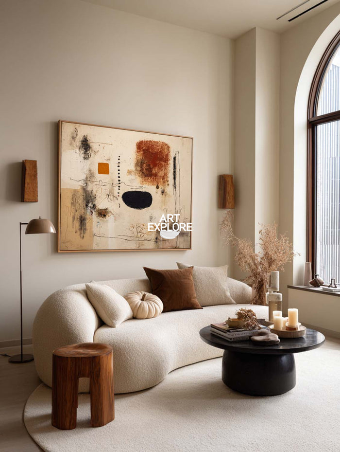 Large Modern Abstract Painting With Earthy Beige And Black Tones For Living Room Decor