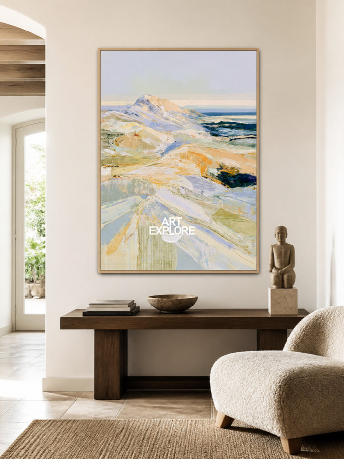 Abstract Mountain Landscape Canvas Painting In Blue And Green Tones