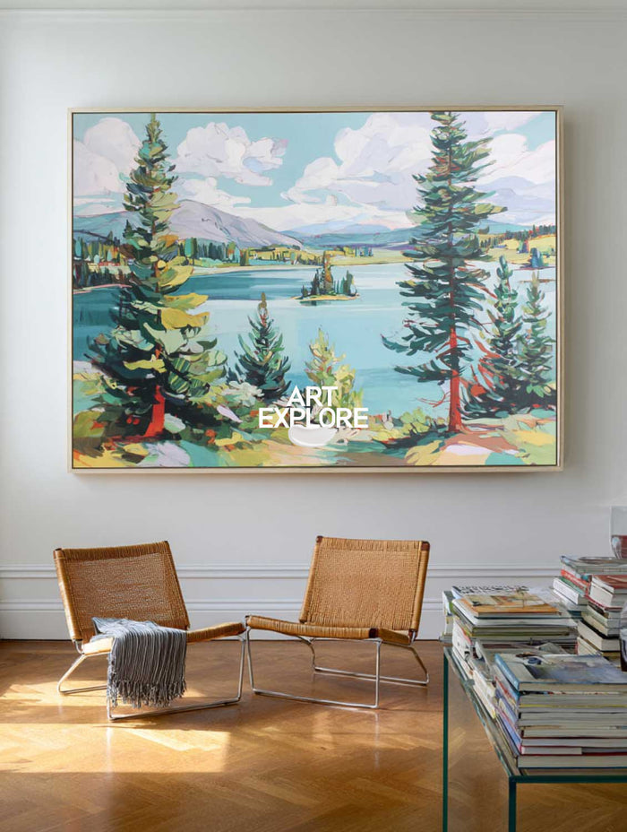 Abstract Green Landscape Painting With Trees And Lake For Modern Living Room Decor