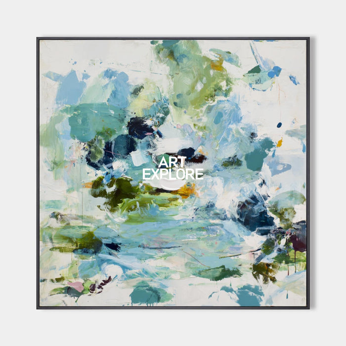 Vibrant Abstract Pond Painting With Green And Blue Hues For Modern Home Decor