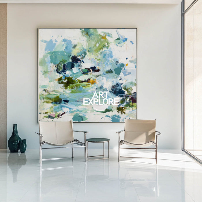 Vibrant Abstract Pond Painting With Green And Blue Hues For Modern Home Decor