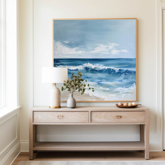 Original Abstract Blue And White Ocean Painting Tropical Beach Canvas Wall Art Large Modern Seascape Paintings