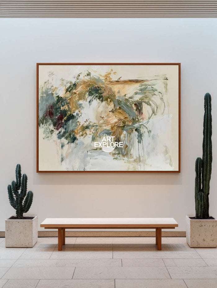 Abstract Beige And Green Canvas Painting With Textured Strokes