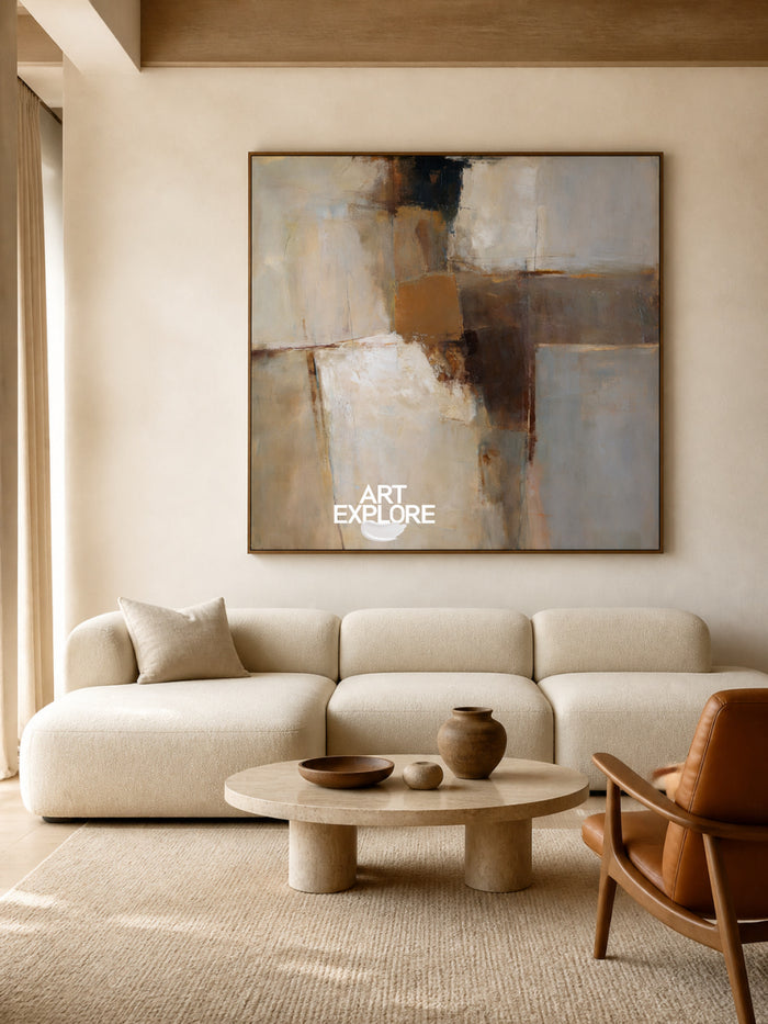 Abstract Beige And Blue Square Canvas Painting Hand-Painted Wall Art