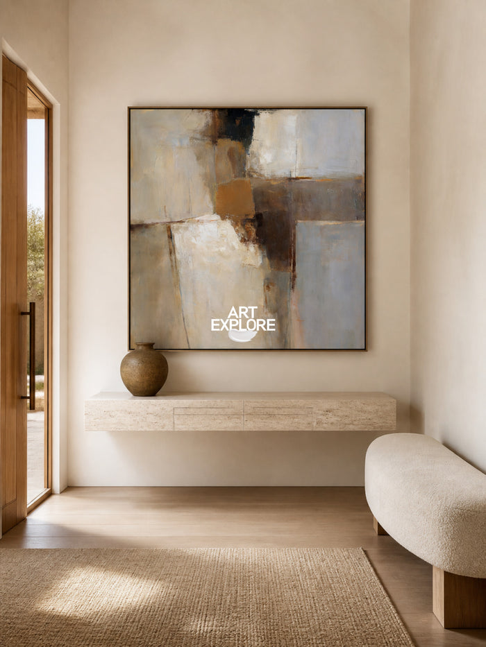 Abstract Beige And Blue Square Canvas Painting Hand-Painted Wall Art