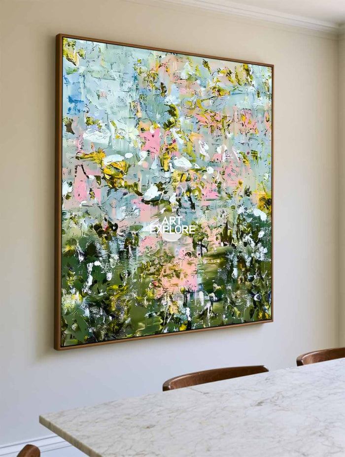 Abstract Floral Canvas Painting With Green And Pink Hues For Modern Home Decor