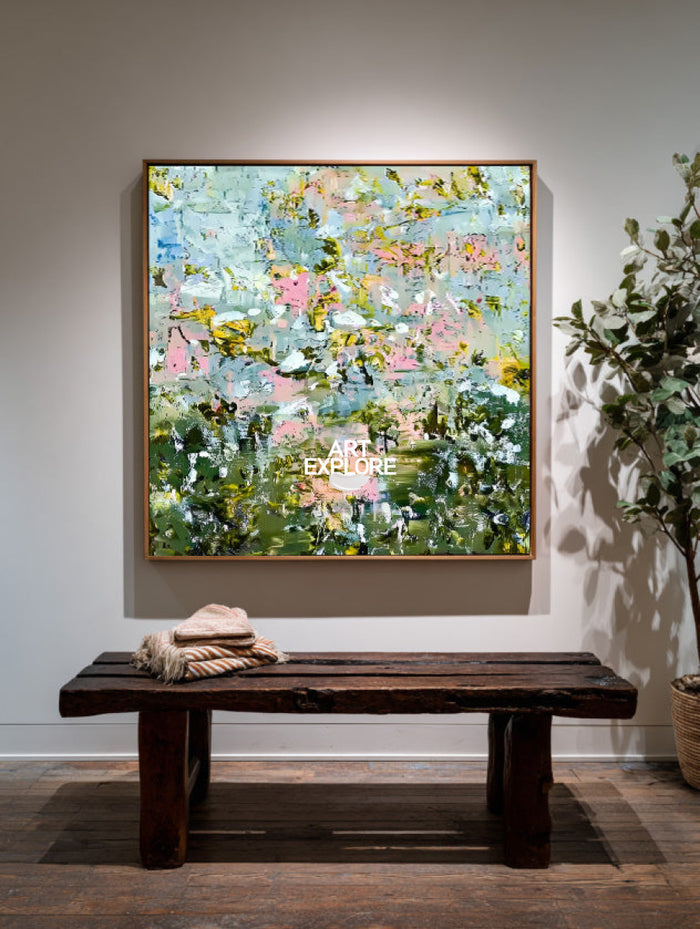 Abstract Floral Canvas Painting With Green And Pink Hues For Modern Home Decor