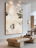 Abstract Beige Canvas Painting With White And Black Tones For Modern Wall Art