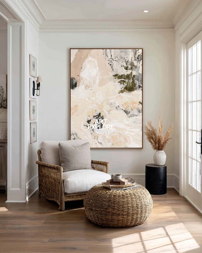 Abstract Beige Canvas Painting With White And Black Tones For Modern Wall Art