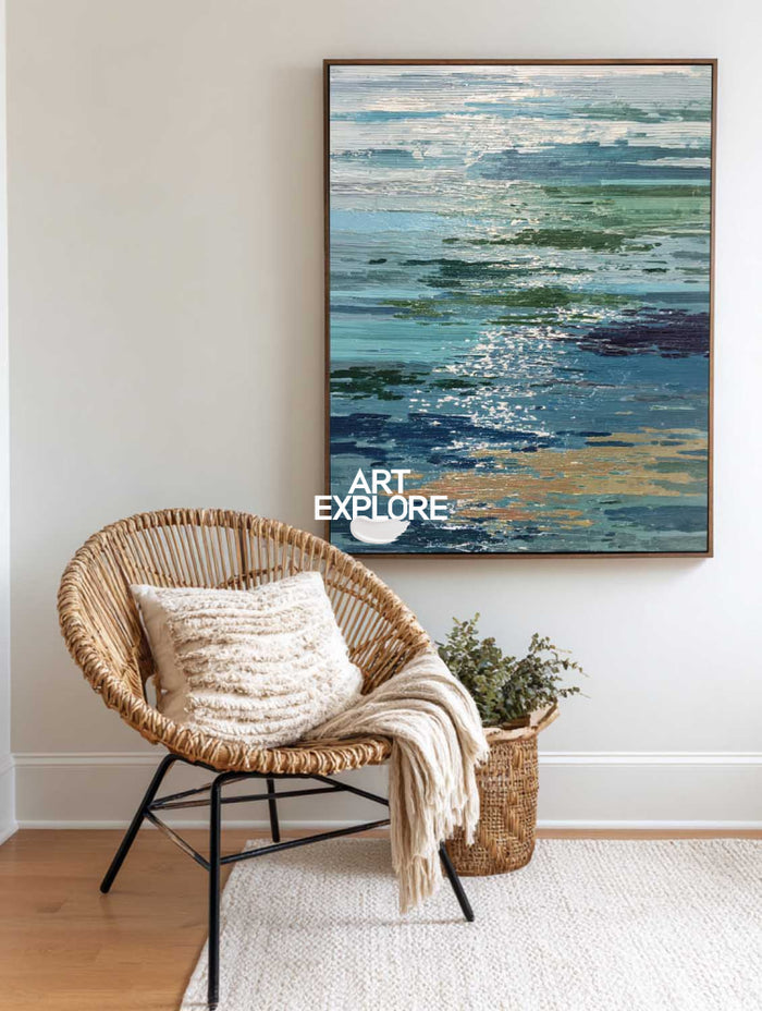 Abstract Seascape Painting With Blue Green Waves And Gold Accents For Modern Living Room Decor