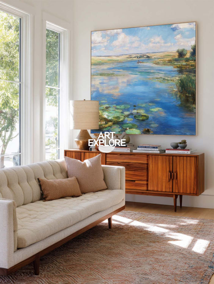 Original Impressionist Wetland Landscape Painting With Blue Sky And Green Water For Living Room Decor