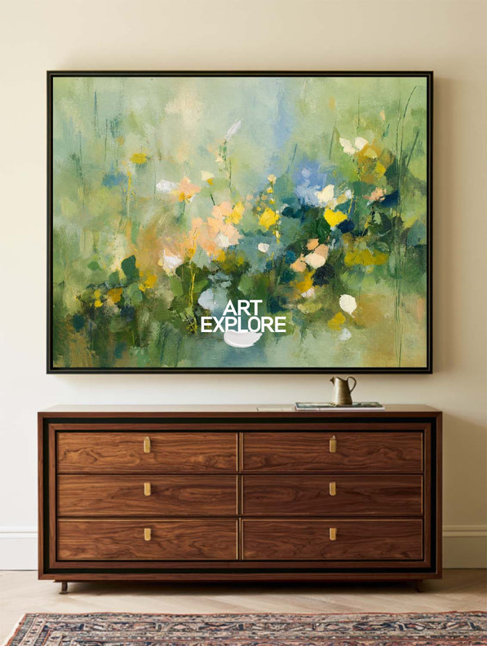Textured Abstract Wildflower Painting In Green And Yellow For Modern Living Room Decor
