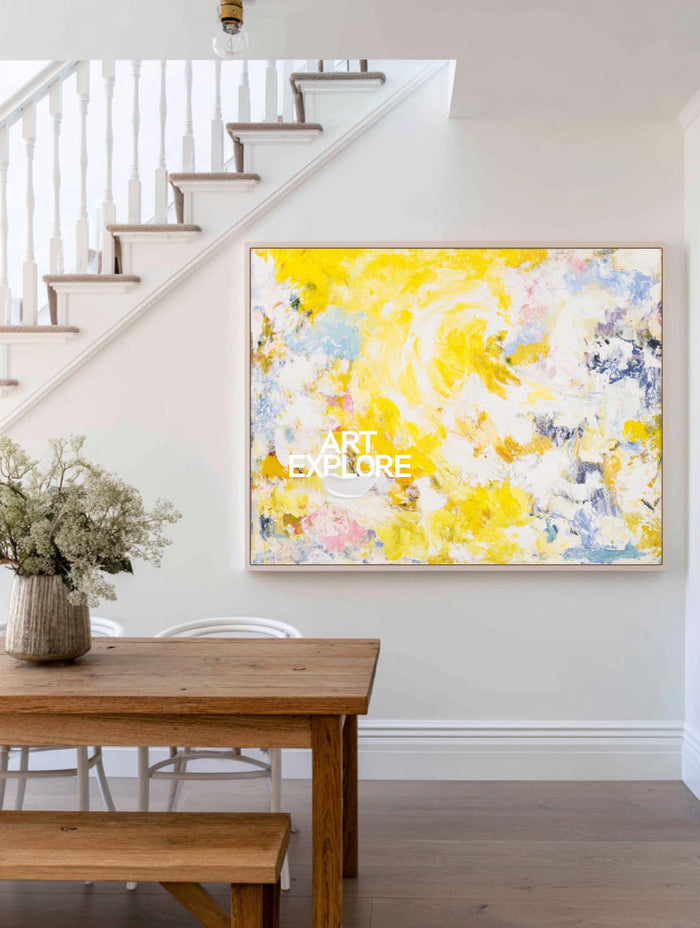 Vibrant Yellow Abstract Painting With Textured Brushwork For Modern Living Spaces