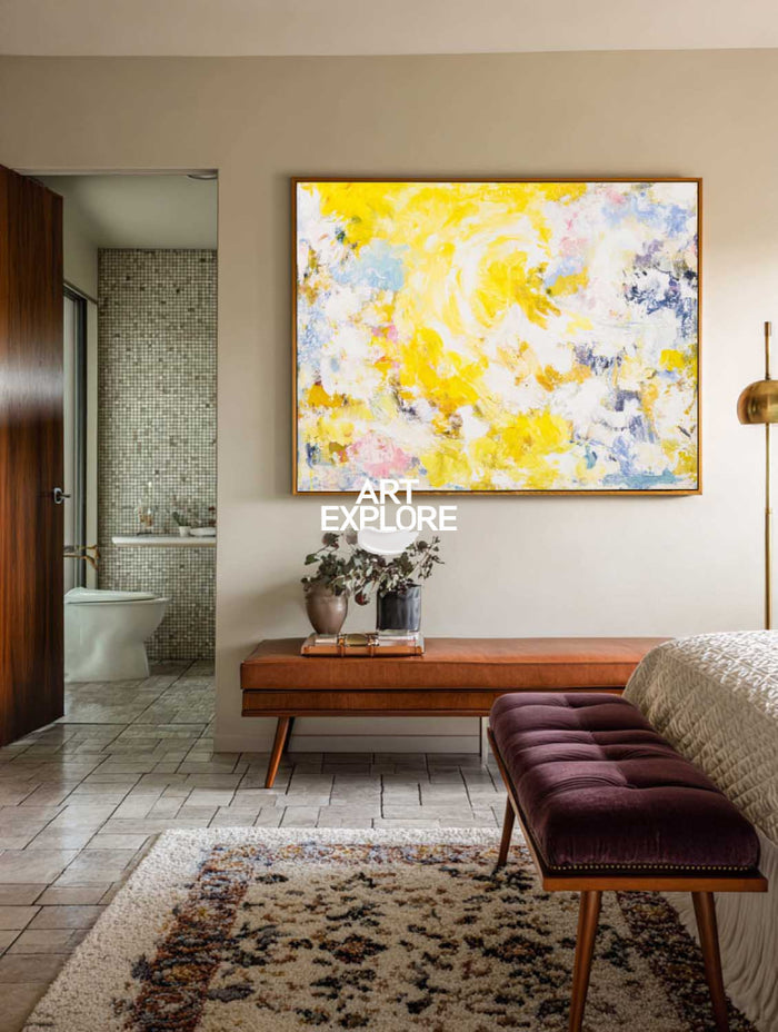 Vibrant Yellow Abstract Painting With Textured Brushwork For Modern Living Spaces