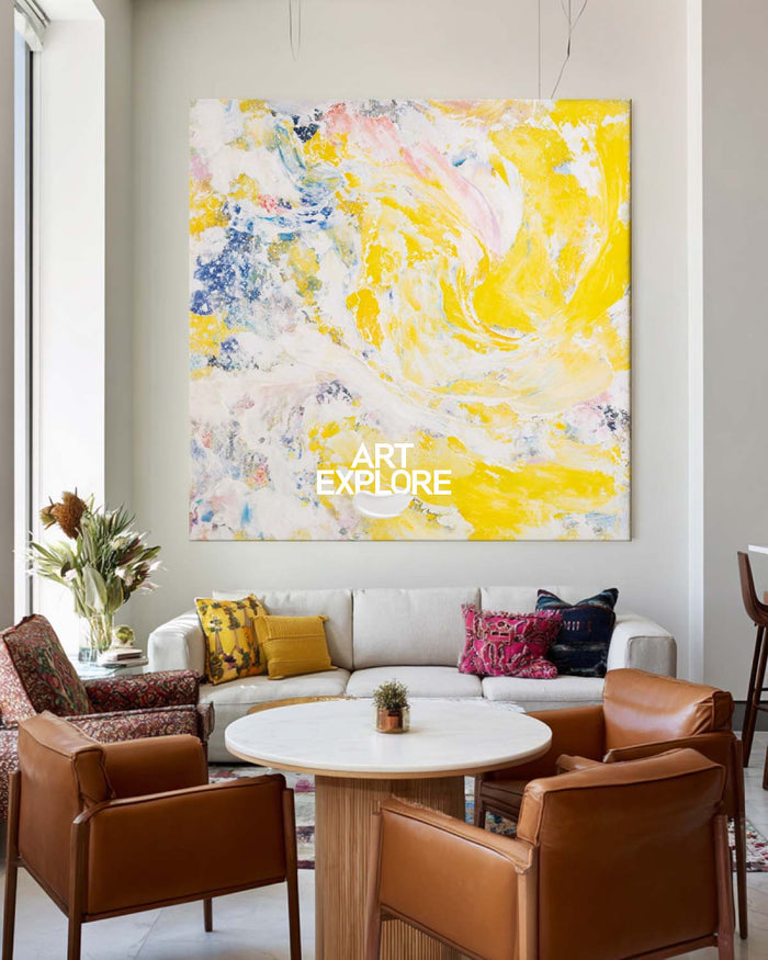 Vibrant Yellow Abstract Painting Modern Square Canvas Art For Living Room Decor