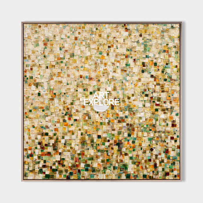 Abstract Mosaic Oil Painting With Vibrant Green And Gold Tones For Modern Living Room Decor