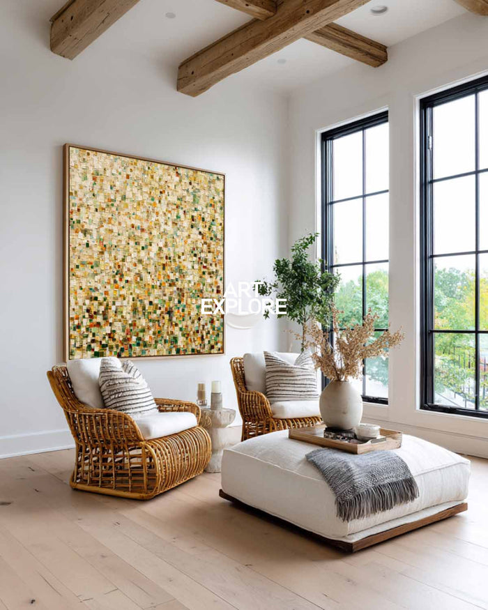 Abstract Mosaic Oil Painting With Vibrant Green And Gold Tones For Modern Living Room Decor