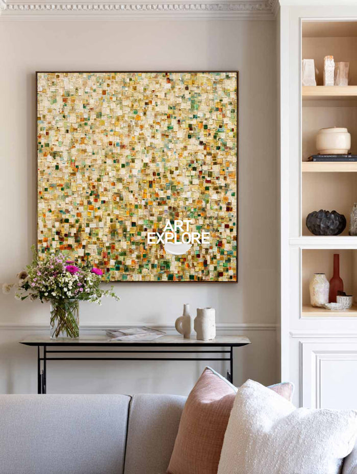 Abstract Mosaic Oil Painting With Vibrant Green And Gold Tones For Modern Living Room Decor