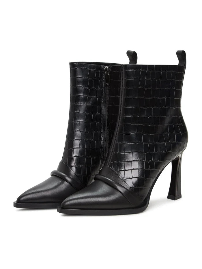 A stylish pair of Tiana black ankle boots, featuring high heels, perfect for women's fashion footwear.