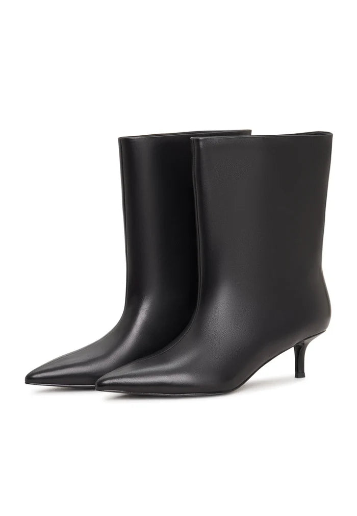 A stylish pair of Regina black ankle boots with a trendy kitten heel design for women's footwear fashion.