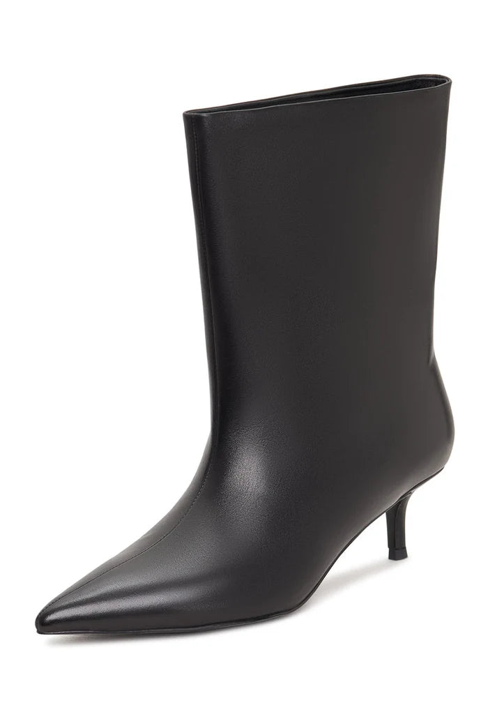 A fashionable black ankle boot with a stylish kitten heel, known as Regina boots, perfect for women's outfit.
