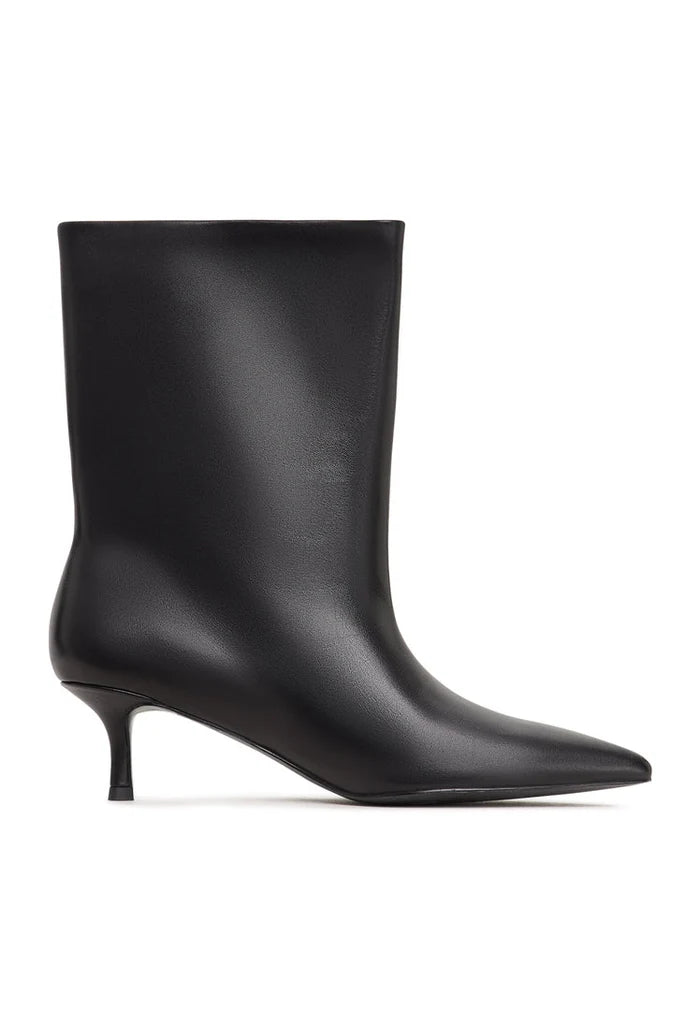 A pair of sleek black Regina ankle boots with a stylish kitten heel, perfect for women who love trendy footwear.