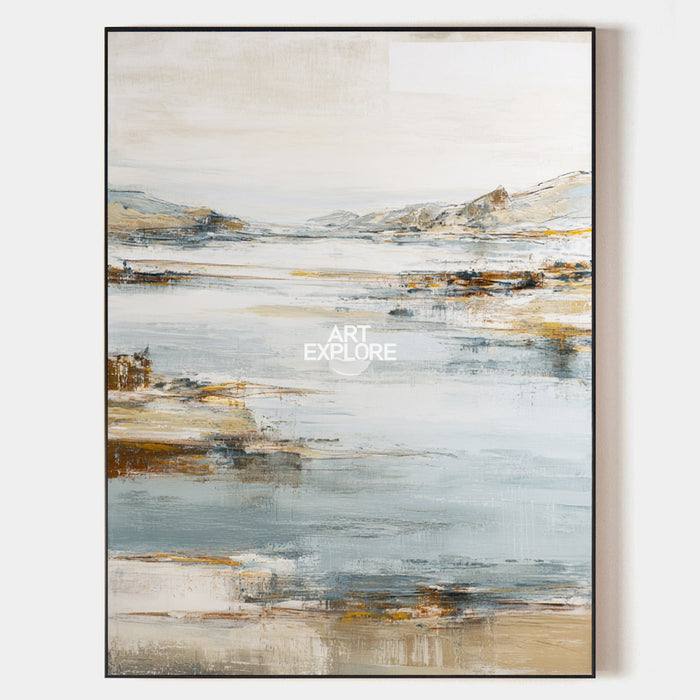 Large Beige Blue Lake Landscape Vertical Textured Oil Painting | Landscape Art | ArtExplore